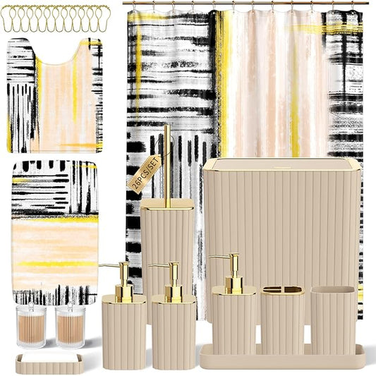 Bathroom Set - Bathroom Accessory Set, Beige Bathroom Set, 26PC Bathroom Sets with Shower Curtain and Rugs, Toilet Brush, Trash Can, Qtip Holder & Bathroom Soap Dispenser Set