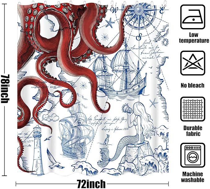 Fungarth Long Red Nautical Octopus Shower Curtain Navy Blue Mermaid Funny Ocean Kraken Shower Curtains for Bathroom Cool Anchor Coastal Map Waterproof Fabric Bath Curtain Decor (Red, 72” x 78”)