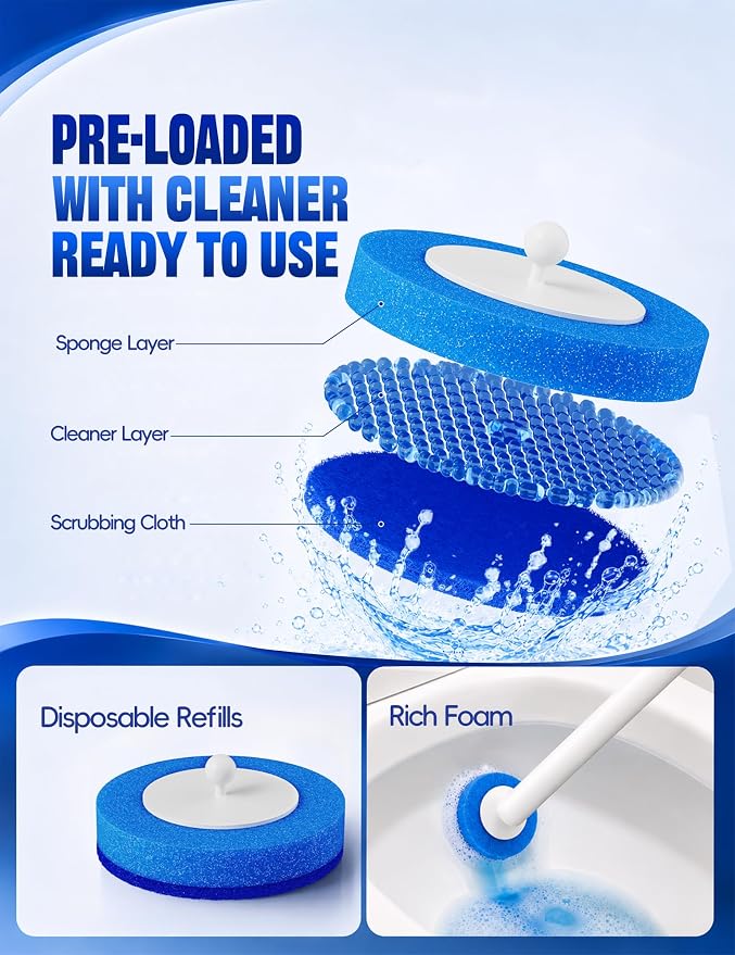 Toilet Brush Kit, Disposable Toilet Bowl Cleaner Brush with Blue Replacement Heads, Press-Button Wand and Self-Closing Freestanding Holder (42 Refills)