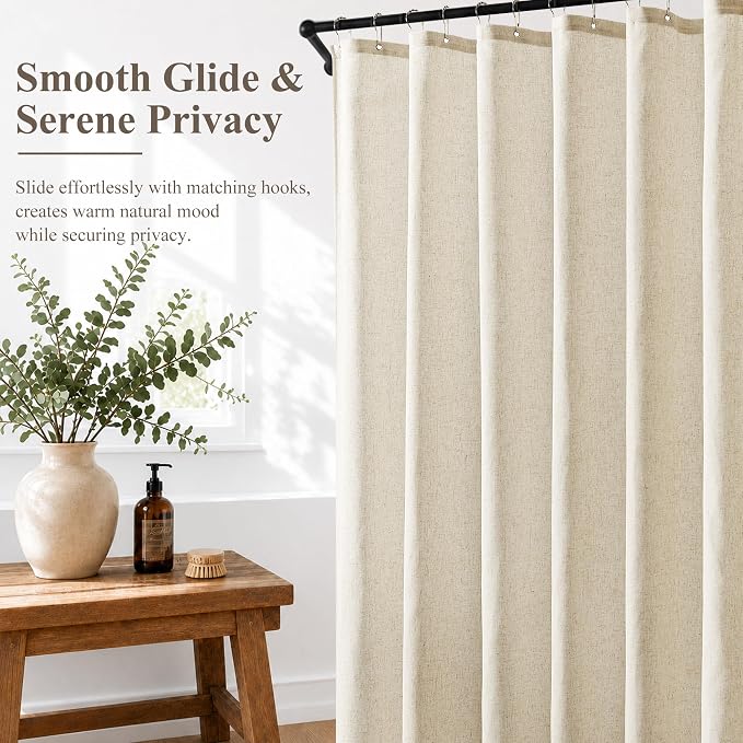 Jowels Beige Linen Fabric Shower Curtain for Bathroom, 72x80 | Long Size, Natural Linen Shower Curtains Set, Waterproof Washable Weighted Textile, Metal Hooks, Hotel Boho Farmhouse Decor