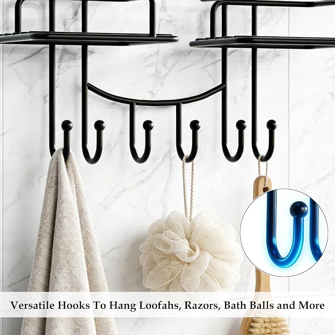 SRIWATANA Shower Caddy Hanging, Shower Organizer with Razor Hooks, Black | Rustproof Shower Rack, No Drilling Shelves Over Shower Head, Anti-Swing Scution Install, Bathroom Holder for Sponge Loofah