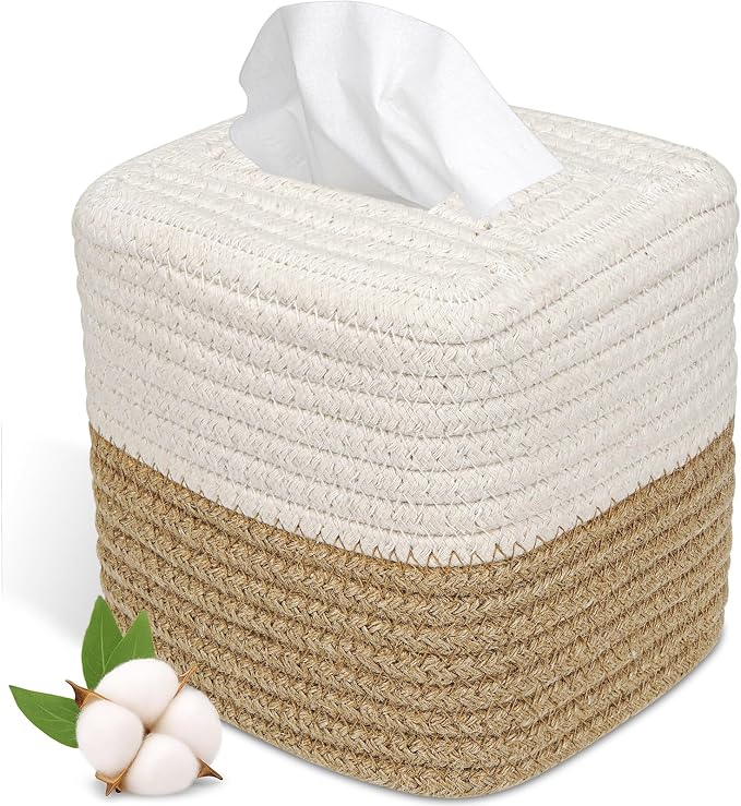 Boho Tissue Box Cover: Natural Handwoven Square Cover for Bathroom | Open-Bottom Design with Tassel, For Kitchen, Tabletops, Home & Office, Farmhouse Decor