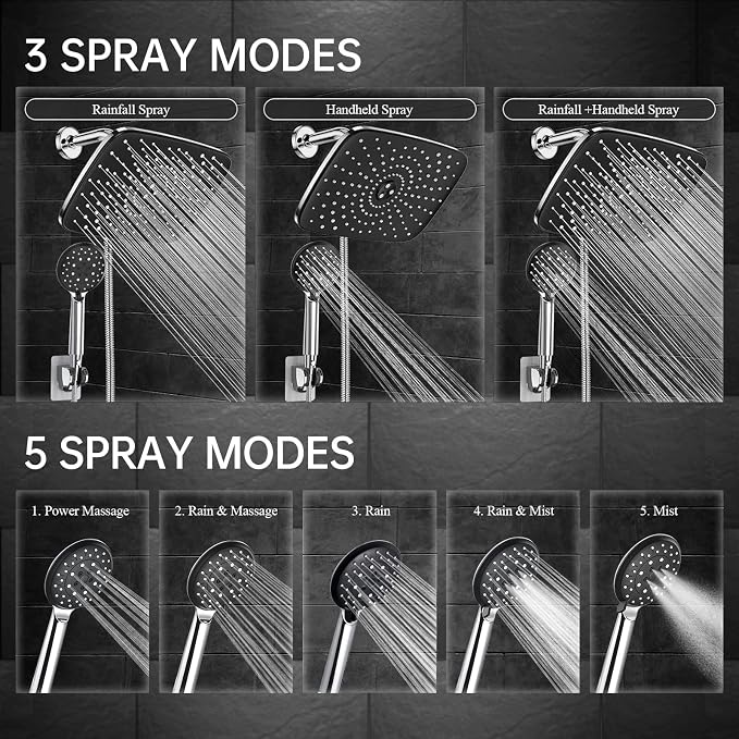 Veken 11.8“ Rain Shower Head with Handheld,Dual High Pressure Shower Heads | Easy Pause,5-mode Hand Held Spray with Hose,Wide Detachable Rainfall,Double Showerhead Combo,Bathroom Accessories,Chrome