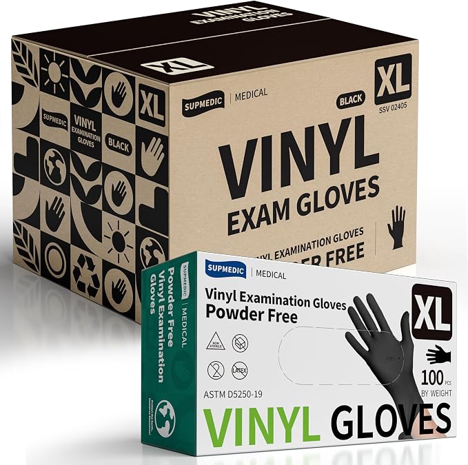 Vinyl Disposable Exam Gloves, Black 4Mil Powder-Free Latex-Free Medical Food Safe Cooking Cleaning Glove 100 &1000Ct