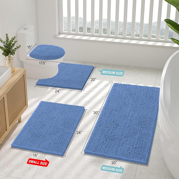 Smiry Bathroom Rugs 24X16, Luxury Chenille Extra Soft Absorbent Bath Mat | Cornflower Blue, Machine Washable Non-Slip Plush Bath Mats for Bathroom, Tub, Shower, and Floor, Home Decor