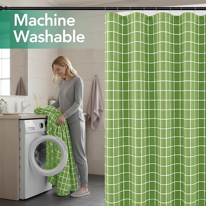 Biscaynebay Extra Long Sage Green Shower Curtain for Bathroom-72x84 Inch Fabric Modern Farmhouse Faux Linen Textured Grid Plaid Shower Curtains, Minimalist Simple Geometric Neutral Decor Washable