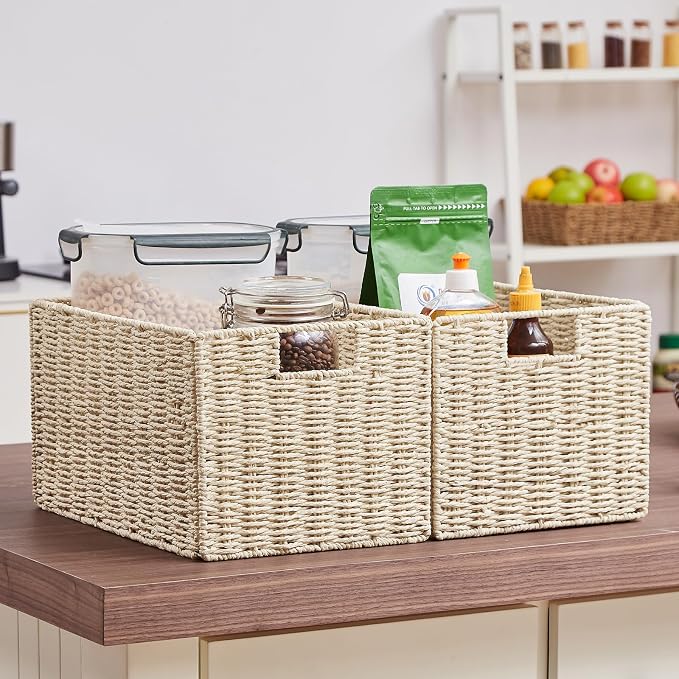 Wicker Storage Basket, Set of 2 Hand-Woven Paper Rope Wicker Basket, Small Storage Baskets for Organizing Toilet Paper Basket, Foldable Large Cube Storage Organizer Bins for Shelves (Beige)