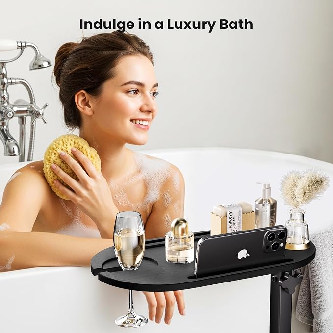 Bamboo Bathtub Table with Adjustable Height for Bathroom | Freestanding Bath Tray Caddy Board Tub Organizer, New Home, Anniversary Wedding Gifts, Bridal Shower Gift for Women