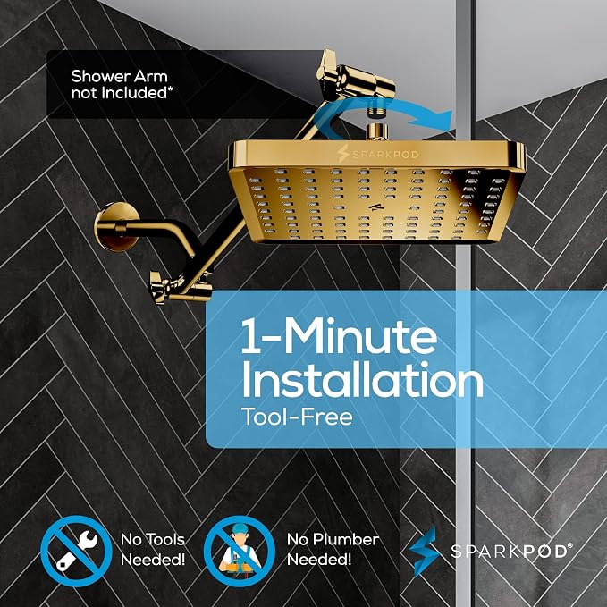 SparkPod Rain Shower Head, 8 Inch Square, Egyptian Gold Finish | High Pressure Shower Heads, 90 Nozzles, Adjustable Showerhead, No Tools Needed, Universal Connection