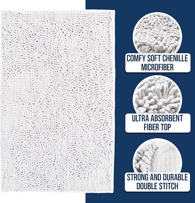 Muddy Mat® | Chenille Bathroom Rugs Quick Dry Microfiber Mats Non Slip Washable, Extra Thick, Soft and Highly Absorbent Bath Mats for Bathroom, Kitchen, and Shower Floor - White 24"x36"