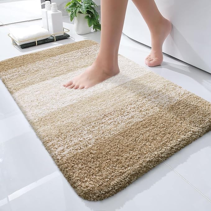 OLANLY Small Bathroom Rugs 24x16, Extra Soft Absorbent Microfiber Bath Rugs | Tan, Non-Slip Quick-Drying Rubber Backing, Machine Washable Plush Bath Mat for Floor, Tub and Shower, Home Decor Accessories