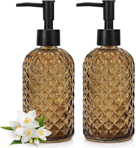 2 Pack Gem Glass Soap Dispenser with Black Plastic Pump, 13oz Liquid Hand Soap Dispenser, Rustproof Pump for Kitchen & Bathroom, Great for Lotions, Essential Oil, Liquid Soaps-Amber