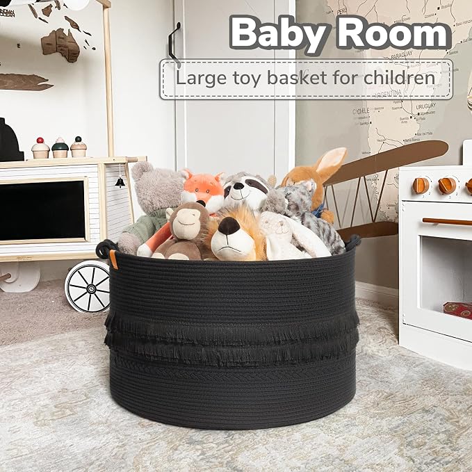 90L Large Woven Rope Blanket Basket with Tassel, 22" x 14", Black | Boho Basket for Toys, Clothes & Pillows Storage, Fits Bedroom Living Room Home Décor, Laundry Hamper with Knotted Handles