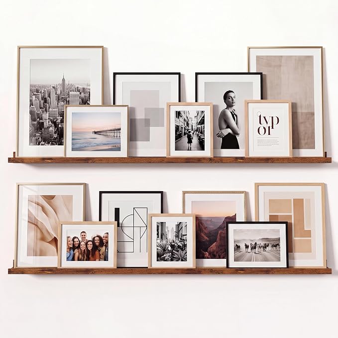 Brown Picture Ledge Shelves for Wall, 4.5" Deep Wood Floating Shelves with Lip for Bedroom, Living Room, 48" Width, Color Brown Set of 2