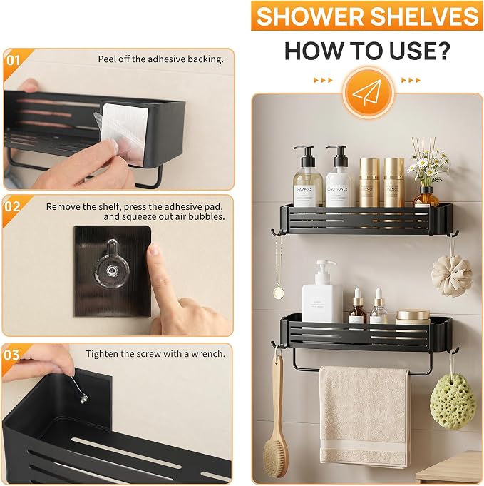 Black Adhesive Square Shower Caddy with Towel Bar, Soap Holder and Hooks | Adhesive black shower basket with towel bar, soap holder and hooks for smooth tile, glass, stainless steel and bathroom walls