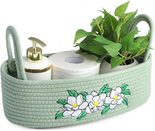 Vesici Magnolia Woven Storage Basket for Toilet Tank Top Boho Cotton Rope Bathroom Countertop Organizer Basket with Handle Green Bathroom Decor for Bedroom Nursery Toys Organizing, 13 x 6 x 4 Inch