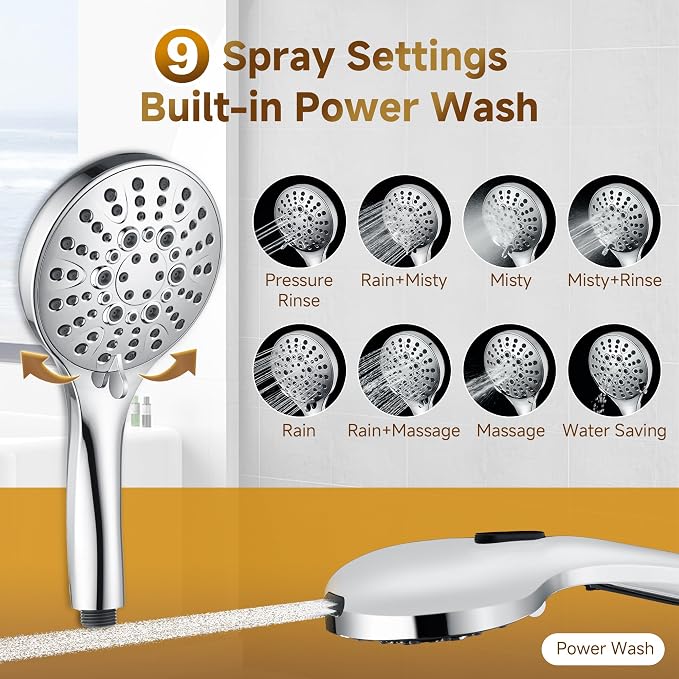 BRIGHT SHOWERS Rain Shower Heads System Including Rainfall Shower Head and Handheld Shower Head with Height Adjustable Holder, Solid Brass Rail, 60 Inch Long Stainless Steel Shower Hose, Chrome
