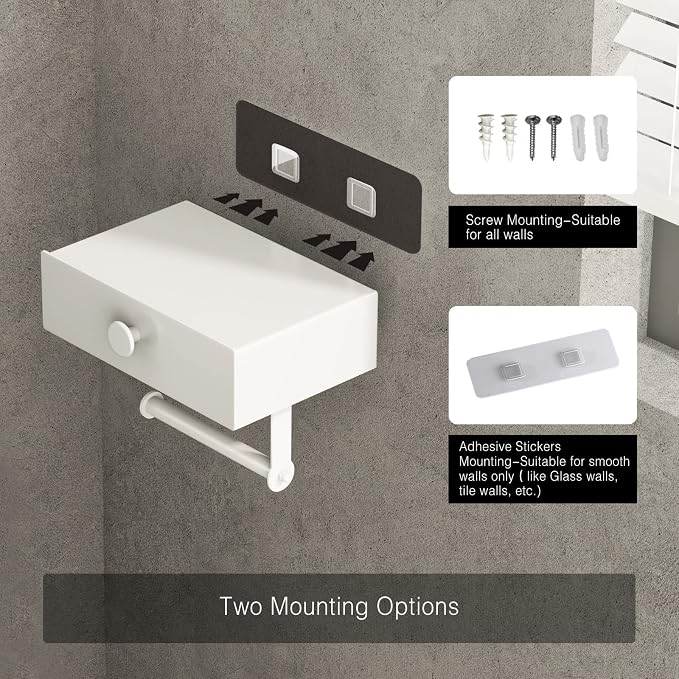 VOLDRA Toilet Paper Holder with Shelf White Wipes Dispenser for Bathroom Toilet Paper Holder with Storage Upgrade Drawer Design Toilet Tissue Holder Adhesive Small Bathroom Shelf Wall Mount