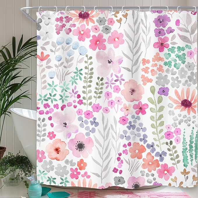 Hot Pink Floral Purple Colorful Cute Funny Art Bathroom Shower Curtain Set | 72"W x 72"H Botanical Leaves; waterproof HD print, quick-dry fabric with 12 hooks for easy hanging.