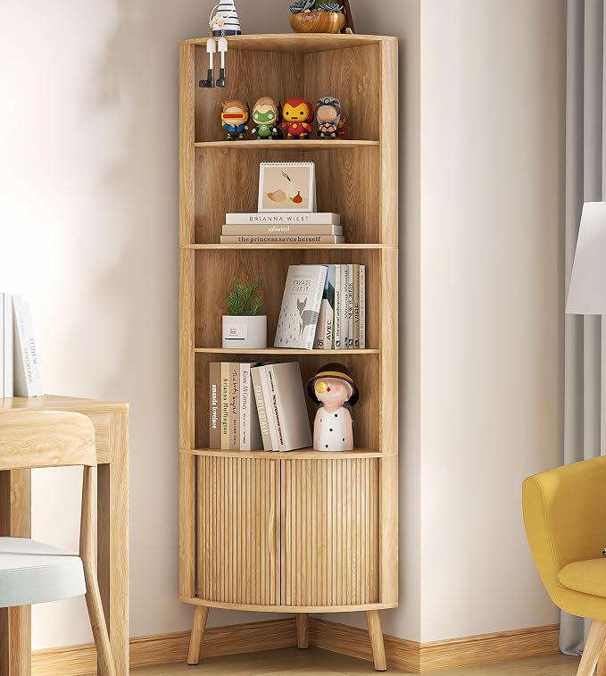 66'' Tall Corner Bookshelf with 2 Fluted Sliding Doors, Oak | 5-Tier Corner Shelf, 5 Shelf Bookcase,Mid-Century Modern,Freestanding Display Storage Organizer for Living Room,Office