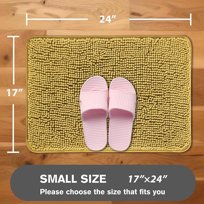 Mustard Bathroom Rugs – Absorbent and Washable Bath Mat, Non-Slip, Thick Soft Chenille Bath Rugs for Bathroom Floor, Shower, Sink - 17" x 24"