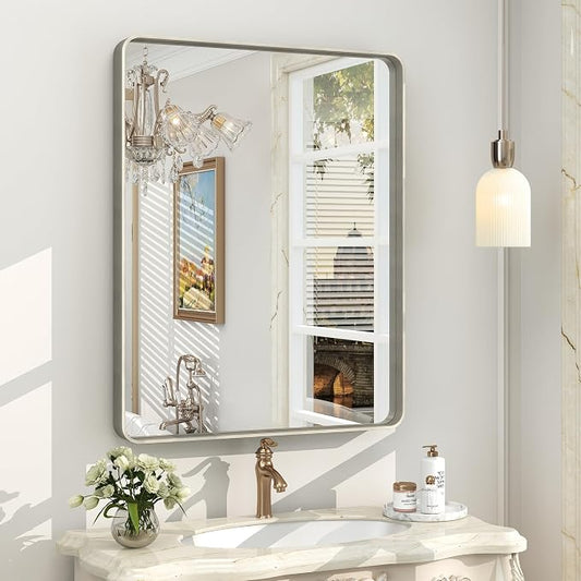 24x30 Inch Silver Brushed Nickel Bathroom Mirror | Silver Metal Framed Vanity Mirror for Wall, Rounded Rectangle, Anti- Rust, Shatterproof, Hangs Horizontally or Vertically