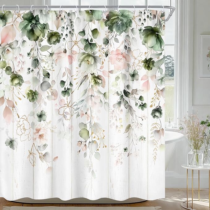 Rustic Green Pink Floral Eucalyptus Leaves Bathroom Shower Curtain Set | 72"W x 72"L Flower Pastel style, clear shower print, fast-dry fabric and hooks for a simple bath update.