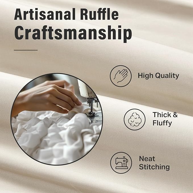 Seasonwood Beige Ruffle Shower Curtain Neutral Shower Curtain 72 x 84 | Natural button accents, layered fabric tiers, shabby chic and French country styling for decorative bathroom updates