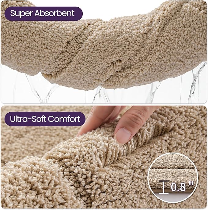 DEXI Bathroom Rugs 24x16, Non-Slip and Absorbent Bath Mat, Beige | Machine Washable, Soft Plush Microfiber Bathmat with Rubber Back, Quick Dry Small Rug for Shower, Tub, Sink