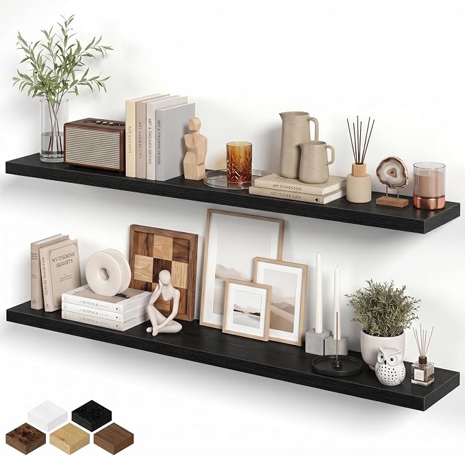 Fun Memories 72 Inch Floating Shelves for Wall 8 Inch Deep Black Shelves Set of 2, Wall Mounted Rustic Wood Long Floating Shelf, Large Display & Storage Shelf with Invisible Brackets
