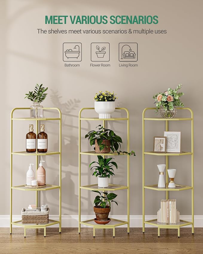 Hzuaneri Corner Shelf Stand, 6-Tier Glass Bookshelf Bookcase, Plant Stand | Bathroom Organizer Steel Frame, Tempered Glass, Modern Style for Living Room, Bathroom, Kitchen, Gold CS90400G