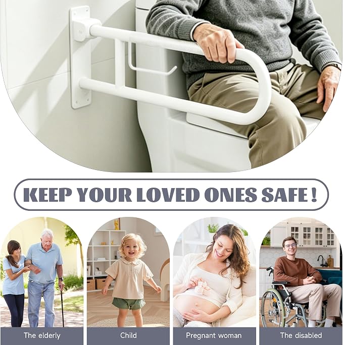 30.3 Inch Toilet Grab Bar, HUAS White Anti Slip Bathroom Toilet Safety Rails, U Shaped Flip-Up Handicap Grab Bars w/Paper Holder, Stainless Steel Support Handrail for Elderly Disabled Senior