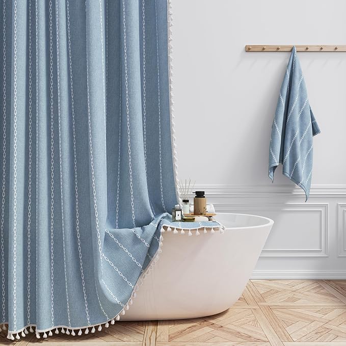 60x72 Boho Farmhouse Linen Heavy Duty Cloth Shower Curtain Set, Blue | Narrow Size, 330GSM Linen Blend, Water Repellent, Vintage Striped Fabric, 10 Plastic Hooks, Rustic Country, Machine Washable