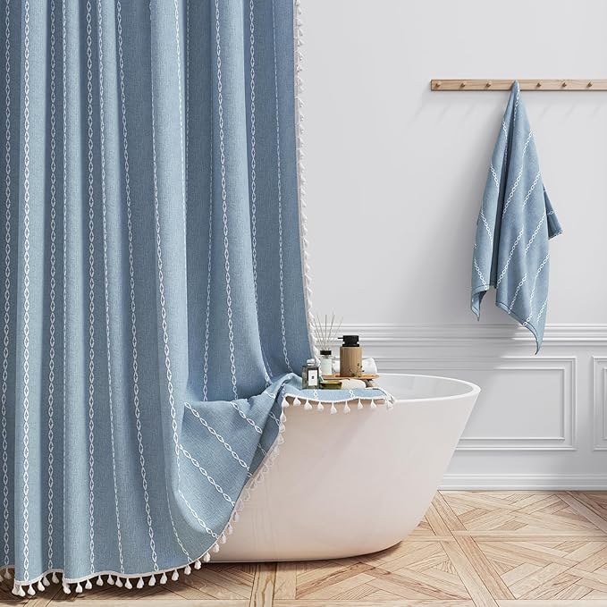 54x78 Boho Farmhouse Linen Heavy Duty Cloth Shower Curtain Set, Blue | Narrow Long Size, 330GSM Linen Blend, Water Repellent, Vintage Striped Fabric, 10 Hooks, Rustic Country, Machine Washable