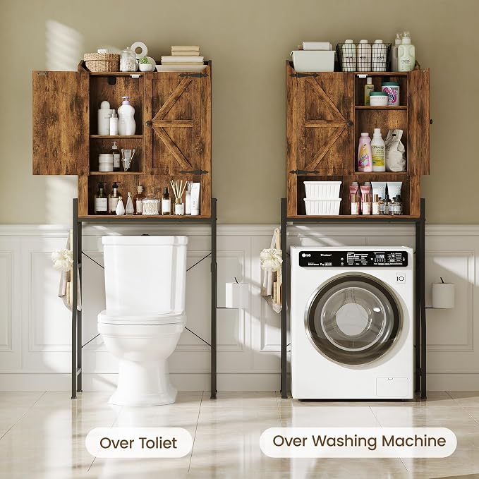 Over The Toilet Storage Cabinet with Metal Stand, Rustic Brown | Toilet Paper Holder, 3 Extra Hooks, Anti-Tipping Device, With Adjustable Shelves, for Bathroom, Restroom, Laundry