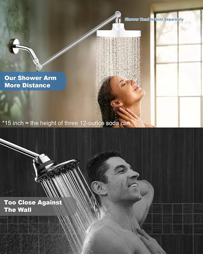 15 Inch Extra Long Adjustable Shower Head Extension Arm With Locking Set Screw, Singing Rain 304 Stainless Steel Chrome Angle Height Adjustable, G1/2 Universal Connector Compatible (Chrome Finish)