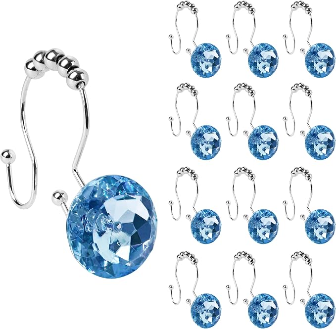 Sunlit Luxury Design Round Blue Diamond Crystal Gem Bling with Glide Balls Double Shower Curtain Hooks, Rust Proof Metal Rhinestones Glam Shower Curtain Rings-12 Pack