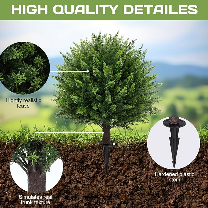 Artificial Cedar Topiary Ball Tree 23" with Ground Spike, Set of 2 Artificial Boxwood Bushes for Faux Shrubs, Fake Evergreen Faux Plant for Indoor Outdoor Porch Garden- UV Resistant – Fade-Proof