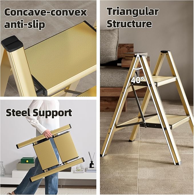 HillhutApex Aluminum Step Stool Foldable,2 Step Ladder (Gold) | Lightweight Portable step ladder with Anti-Slip Wide Pedal,330lbs Capacity Ladder for Household,Office,Kitchen