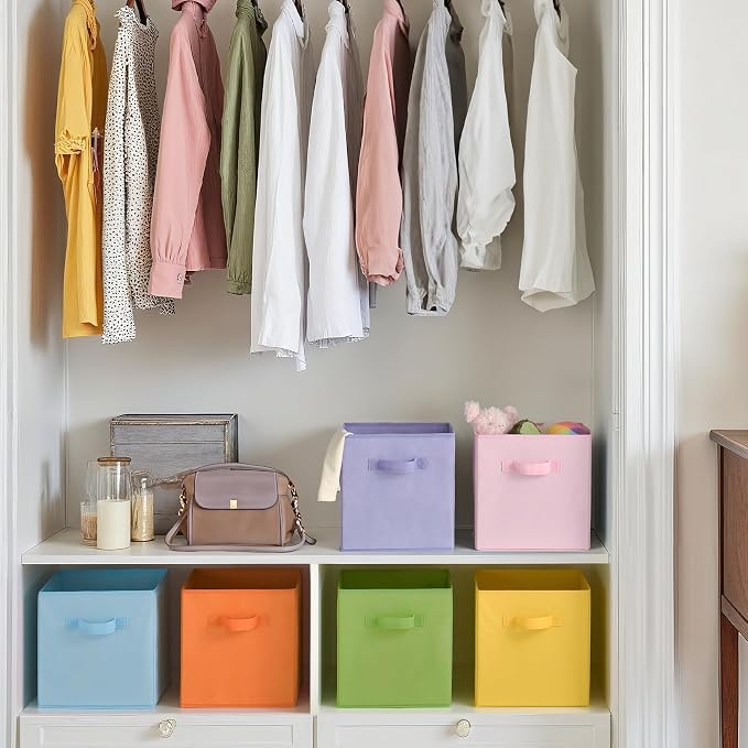 Cupic Cupid 6-Pack 11x11 Cube Storage Bins, Fabric Bins, Pastel Colors | Foldable, Reinforced Front Handle, Holds Toys, Stuffed Animals, Clothes and More, Fits Shelves, Playroom, Nursery, Cubby