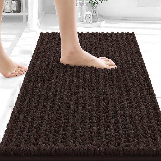 OLANLY Small Bathroom Rugs 24x16, Thick Soft Absorbent Chenille Bath Rugs | Brown, Shaggy Bath Mat with Quick-Drying Rubber Backing, Machine Washable for Floor, Tub and Shower, Home Decor Accessories