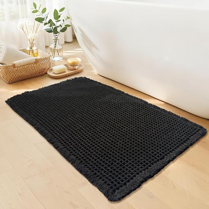 Black Bathroom Rug, Waffle Bath Mat Non Slip Washable, 24" x 36" | Super Absorbent Quick Dry Bath Mat, Boho Bathroom Mats, Soft Waffle Weave Farmhouse Bathroom Decor for Shower or Tub