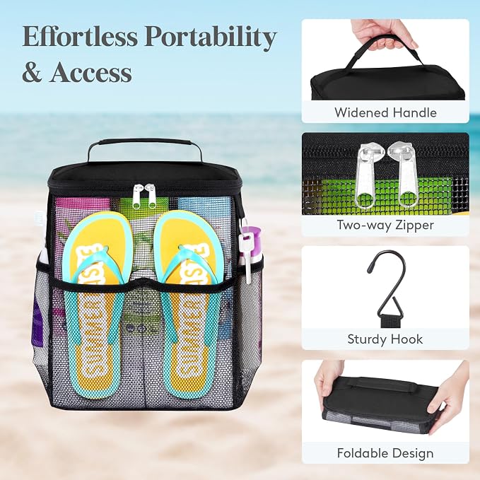 Lifewit Mesh Shower Caddy, Hanging Bathroom Organizer with Slipper pockets | Hanging Hook, Quick Dry, Portable, Toiletry Tote Bag, College Dorm Room Essentials for Beach, Gym, Camping, Travel, Black