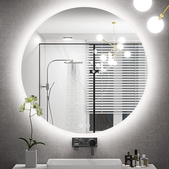 Keonjinn 28 Inch Round LED Mirror, Backlit Mirror Bathroom, 3 Color Lights | Explosion Proof Tempered Glass, Auto-OFF Defogging, Dimmable, Hardwired/Plug in, Circle Makeup Vanity Mirror with Lights