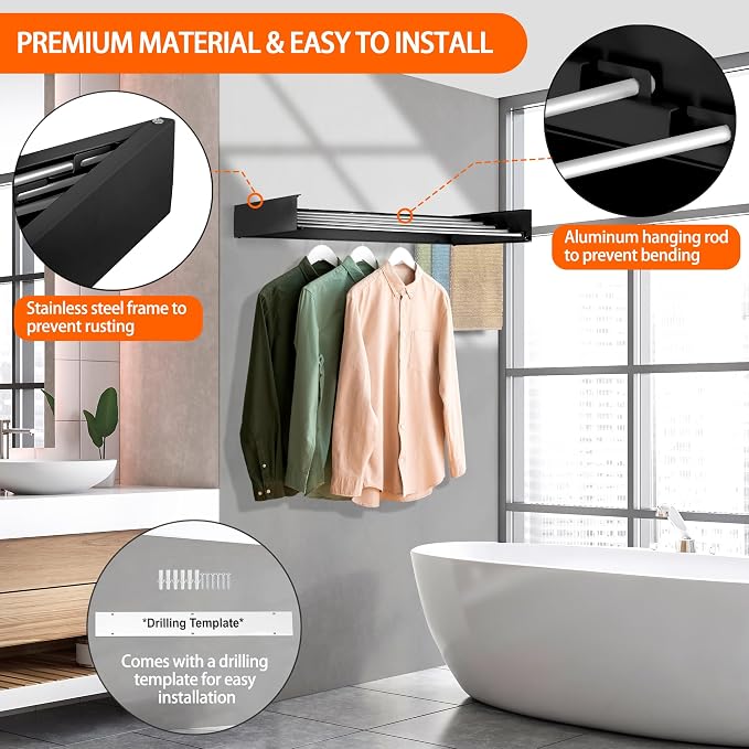 Laundry Drying Rack Wall Mounted Clothes Drying Rack Collapsible with 5 Aluminum Rods and Drilling Template Long Screwdriver Bit 60 lbs Capacity (Black, 40")