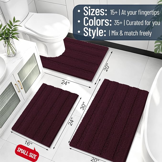 Smiry Thick Small Chenille Bathroom Rugs 24x16, Soft Bath Mat, Black Cherry | Quick‑Dry & Machine Washable, Non‑Slip Bath Carpet, Striped Bath Rugs for Tub & Shower, Modern Home Decor Accessories