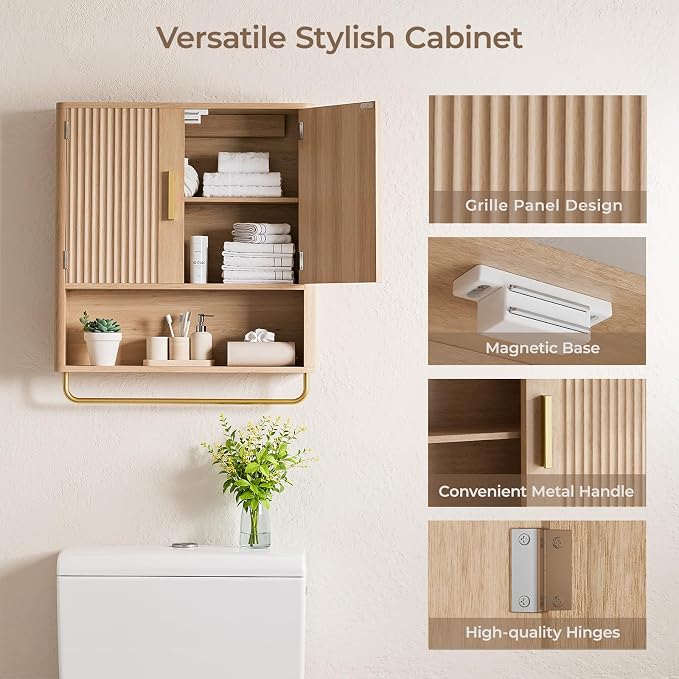 Bathroom Wall Cabinet, Medicine Cabinet with Fluted Door & Adjustable Shelf | Over The Toilet Storage Cabinet with Towel Bar, Space-Saving Cabinet Wall Mount for Laundry Room, Kitchen, Living Room