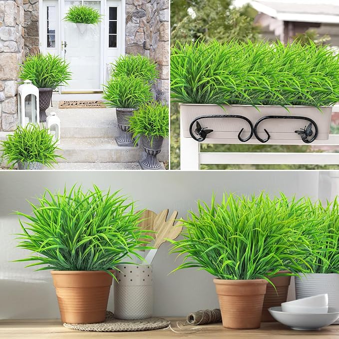 16 Pcs Artificial Plants Outdoor Fake Greenery Stems, Green | Faux grass, UV resistant, plastic plants shrubs, autumn Thanksgiving garden pathway window farmhouse front porch home decor