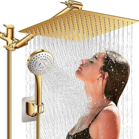 12'' Gold Shower Head with 11'' Extension Arm and 5 Setting Handheld shower | High Pressure Rainfall Shower Head Combo with Handheld, High Pressure Rain Showerhead with 60 Inch Shower Hose. Anti-Leak