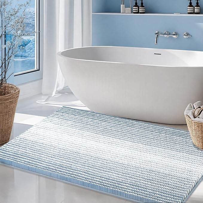 Chenille Bathroom Rugs, 24 x 43 Inches Non Slip Absorbent Bath Mat, Soft Shaggy Shower Bath Floor Mats for Bathroom, Machine Washable (Ice Blue)